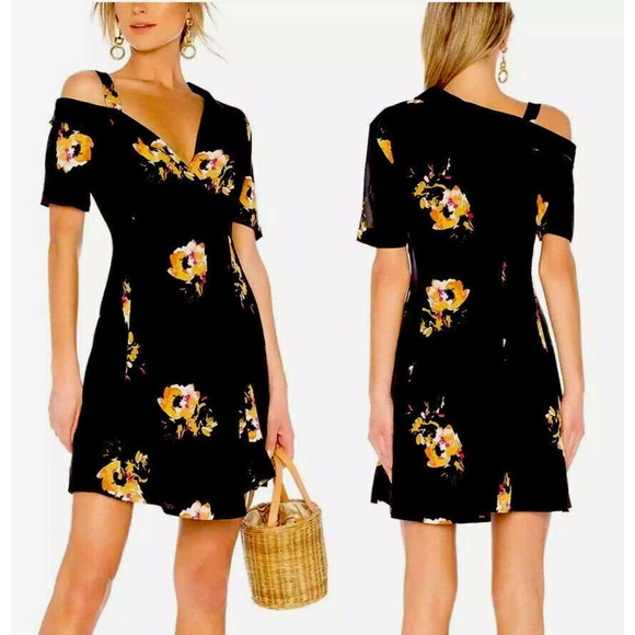 $495 A.L.C. Lucia Floral Print Silk Cold Shoulder Mini Dress Black Size 4 NEW
